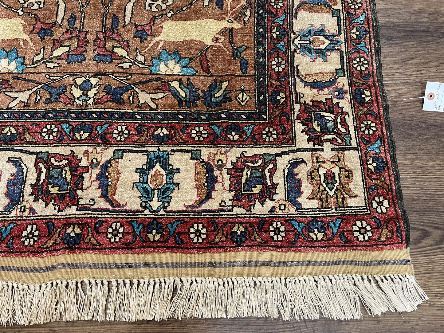Unique Afghan Silk Rug 4x6, Hunting Pattern Animal Motifs, Light Brown and Cream, Persian Handwritten Poetry, Fine 1940s Oriental Carpet Wow
