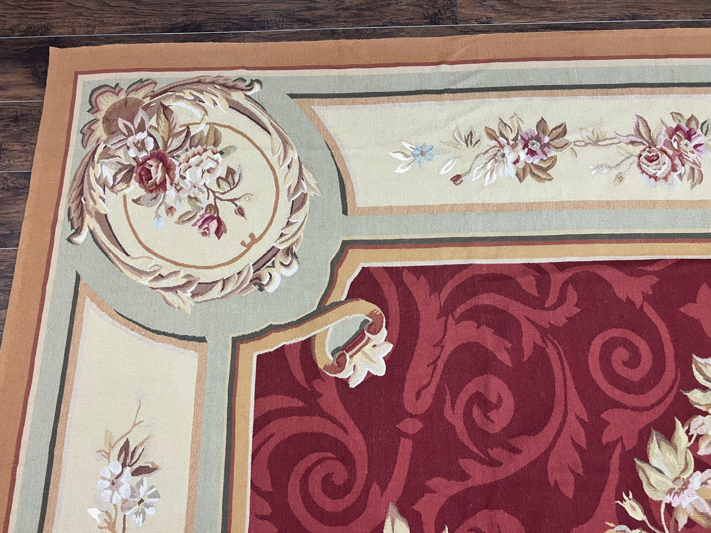 Large Aubusson Rug 10x14, Wool Handmade Vintage Carpet, Dark Red Ivory Tan, French European Elegant Aubusson Weave Rug