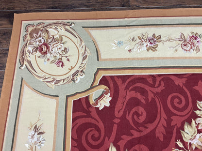 Large Aubusson Rug 10x14, Wool Handmade Vintage Carpet, Dark Red Ivory Tan, French European Elegant Aubusson Weave Rug