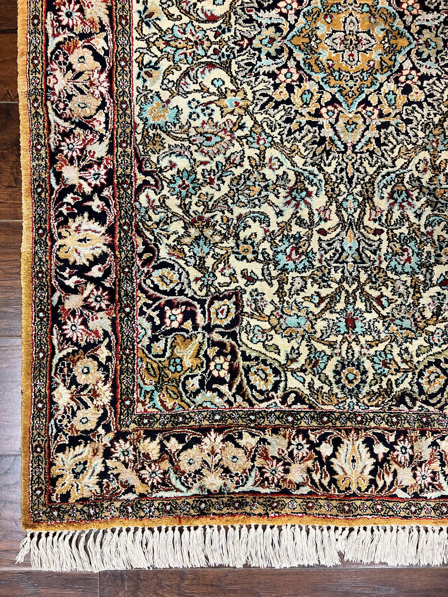 Silk Persian Qum Rug 4x5, Hand Knotted Vintage Carpet, Cream & Navy Blue, Silk Pile on Silk Foundation, Very Fine 360 KPSI