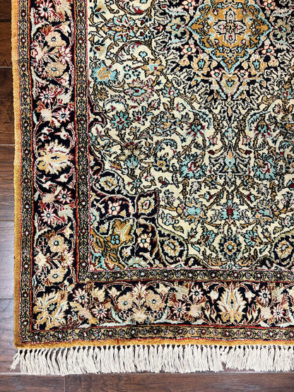 Silk Persian Qum Rug 4x5, Hand Knotted Vintage Carpet, Cream & Navy Blue, Silk Pile on Silk Foundation, Very Fine 360 KPSI