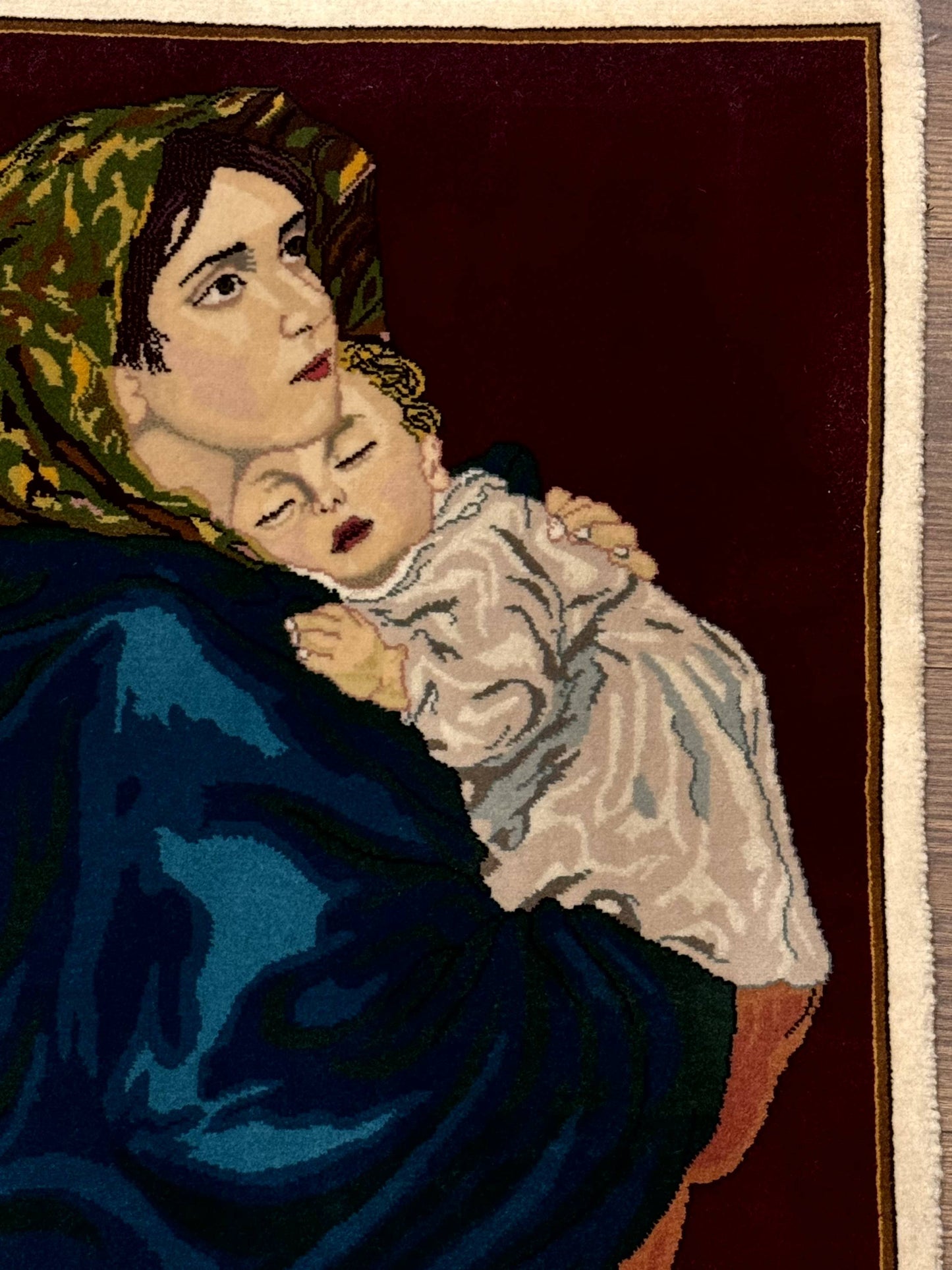 Small Persian Tabriz Pictorial Rug 2x2, Mother Holding Child, Very Fine 340 KPSI, Maroon