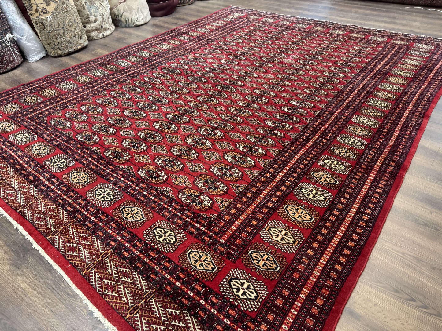 Bokhara Rug 9x12 Handmade Wool Turkoman Area Rug Red Tribal Carpet