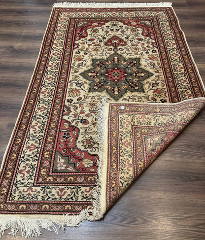 Turkish Sivas Rug 4x6, Floral Medallion, Beige Pink-Red Green, Handmade