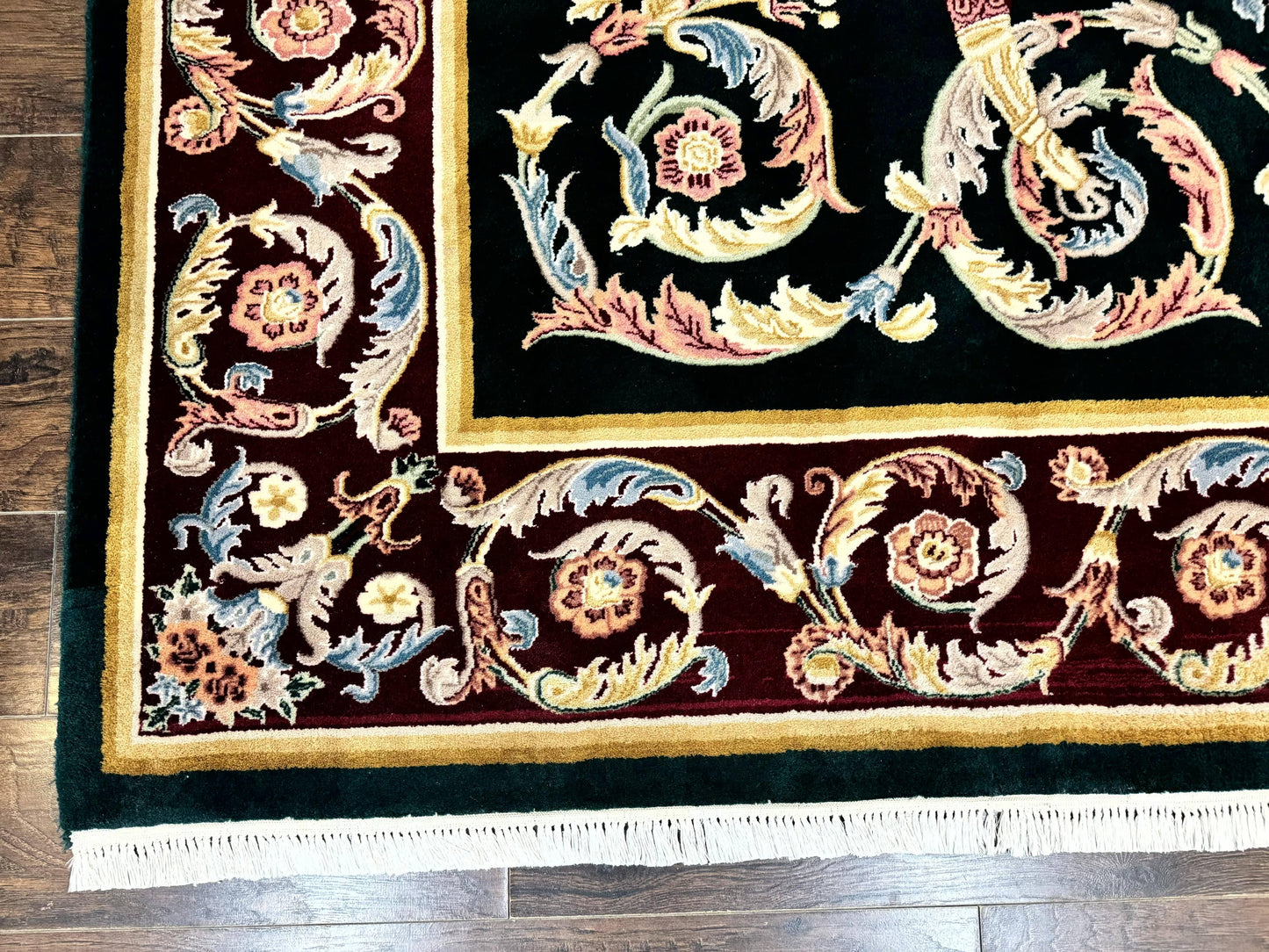 Aubusson Rug 9x12 Hand Knotted Wool Vintage European Design Dark Green Elegant Carpet