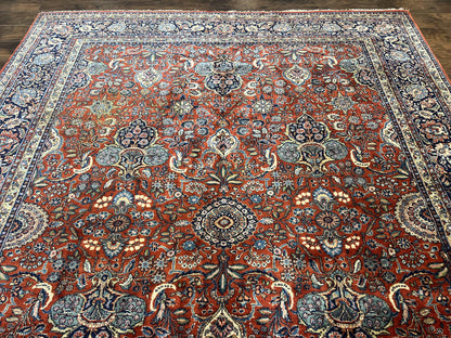 Persian Sarouk Rug 9x12 Handmade Wool Qazvin Antique Carpet Red And Dark Blue Floral Allover