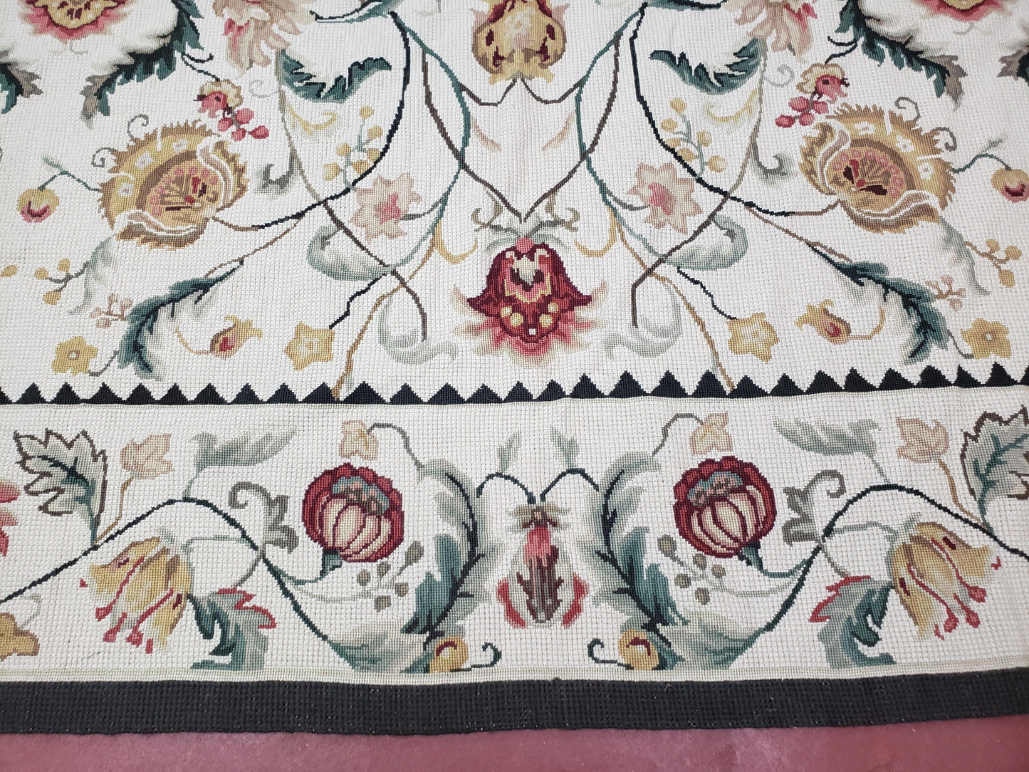 New Needlepoint Rug 9x12, Hand Woven Wool Area Rug, Flatweave Carpet, Handmade Chinese Needlepoint, Floral European Design, Ivory Background