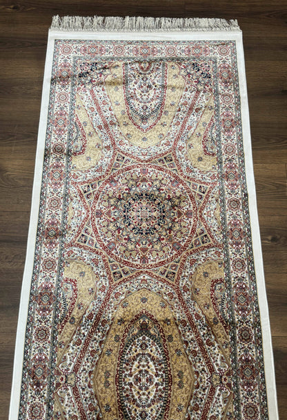 Turkish Silk Runner Rug 2.6 x 12, Hereke Mamluk Runner, Bamboo Silk, New