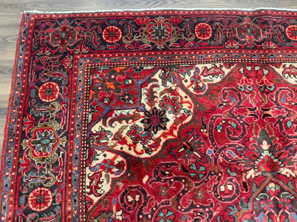 Persian Heriz Rug 7x10 Vintage Wool Carpet Red Navy Geometric Medallion