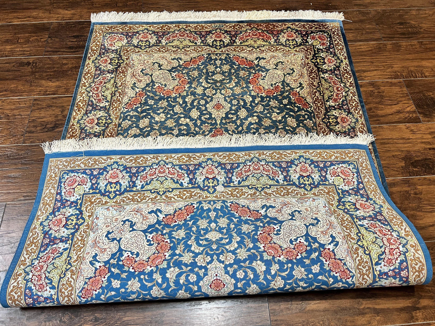 Magnificent Persian Qum Silk Rug 3x5, Blue, Super Fine 675 KPSI - 70 Raj, Floral Roses, Handmade Vintage Silk Carpet, Masterpiece