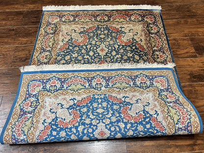 Magnificent Persian Qum Silk Rug 3x5, Blue, Super Fine 675 KPSI - 70 Raj, Floral Roses, Handmade Vintage Silk Carpet, Masterpiece