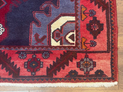 Persian Karajeh Runner Rug 3.6 x 9.5, Geometric Medallions, Tribal Village Rug, Navy Blue, Handmade