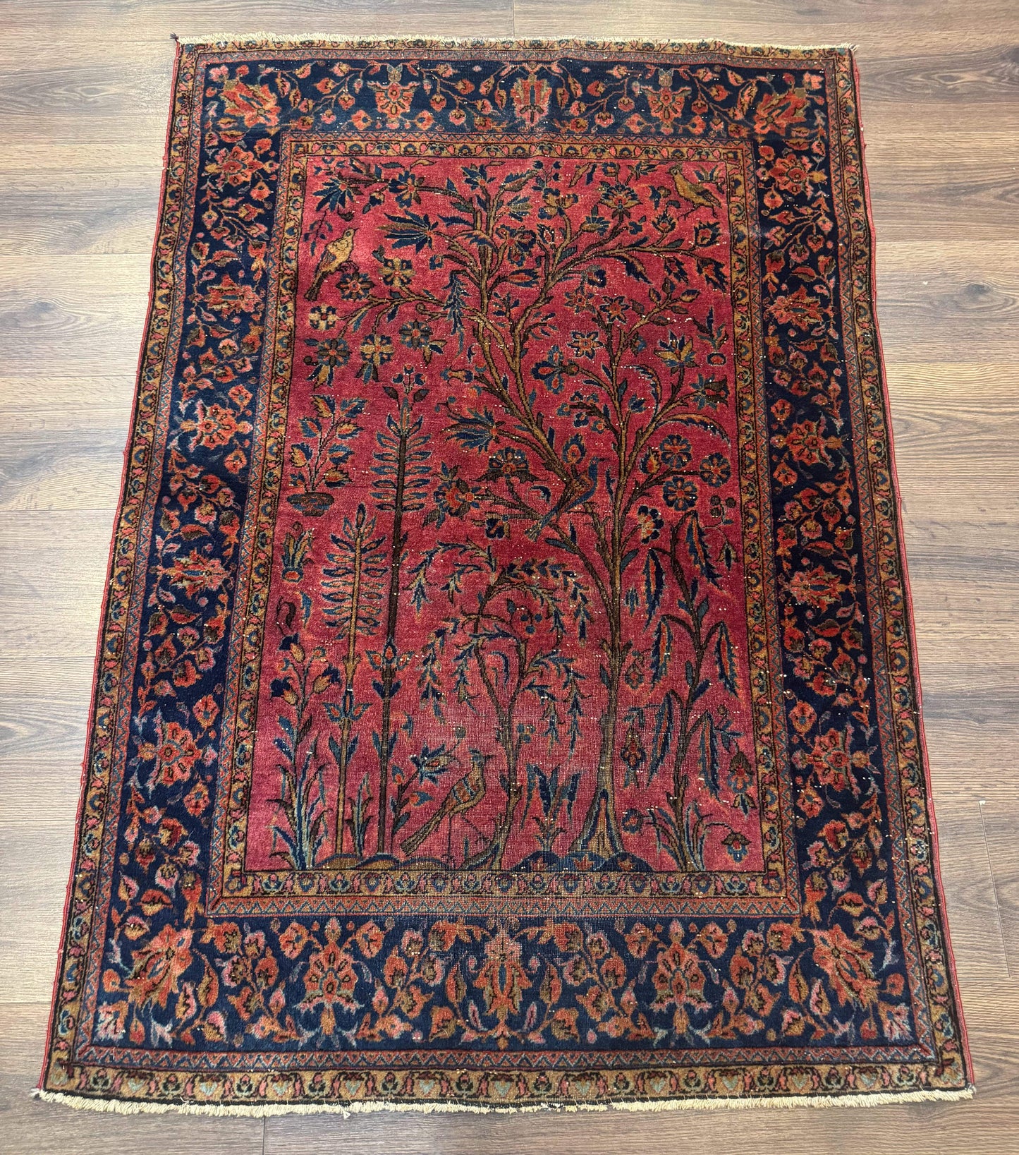Antique Persian Tree of Life Rug 3x5, Manchester Wool, Bird Pictorials, Fine 240 KPSI, Red Navy Blue