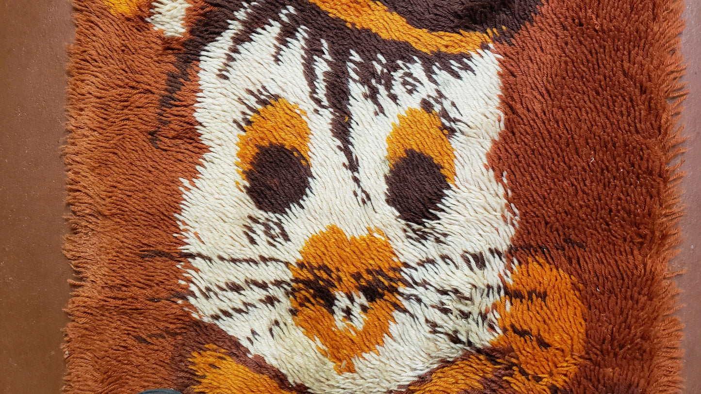 Rya Shag Rug 2x3 Mid Century Modern Danish Wool Accent Rug Dark Orange 1960s Style