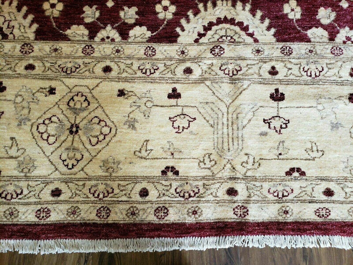 Pakistani Peshawar Rug 10x14, Handmade Chobi Carpet, Maroon & Beige