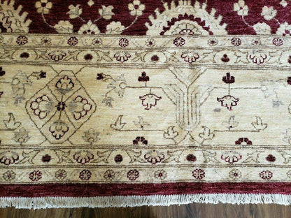 Pakistani Peshawar Rug 10x14, Handmade Chobi Carpet, Maroon & Beige