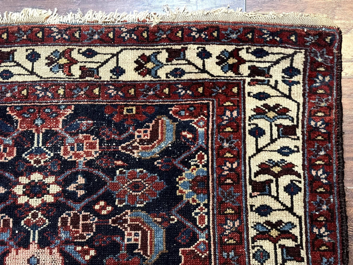 Antique Persian Rug Hamadan 3x6 Navy Blue Ivory Handmade Wool Carpet