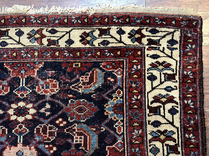 Antique Persian Rug Hamadan 3x6 Navy Blue Ivory Handmade Wool Carpet