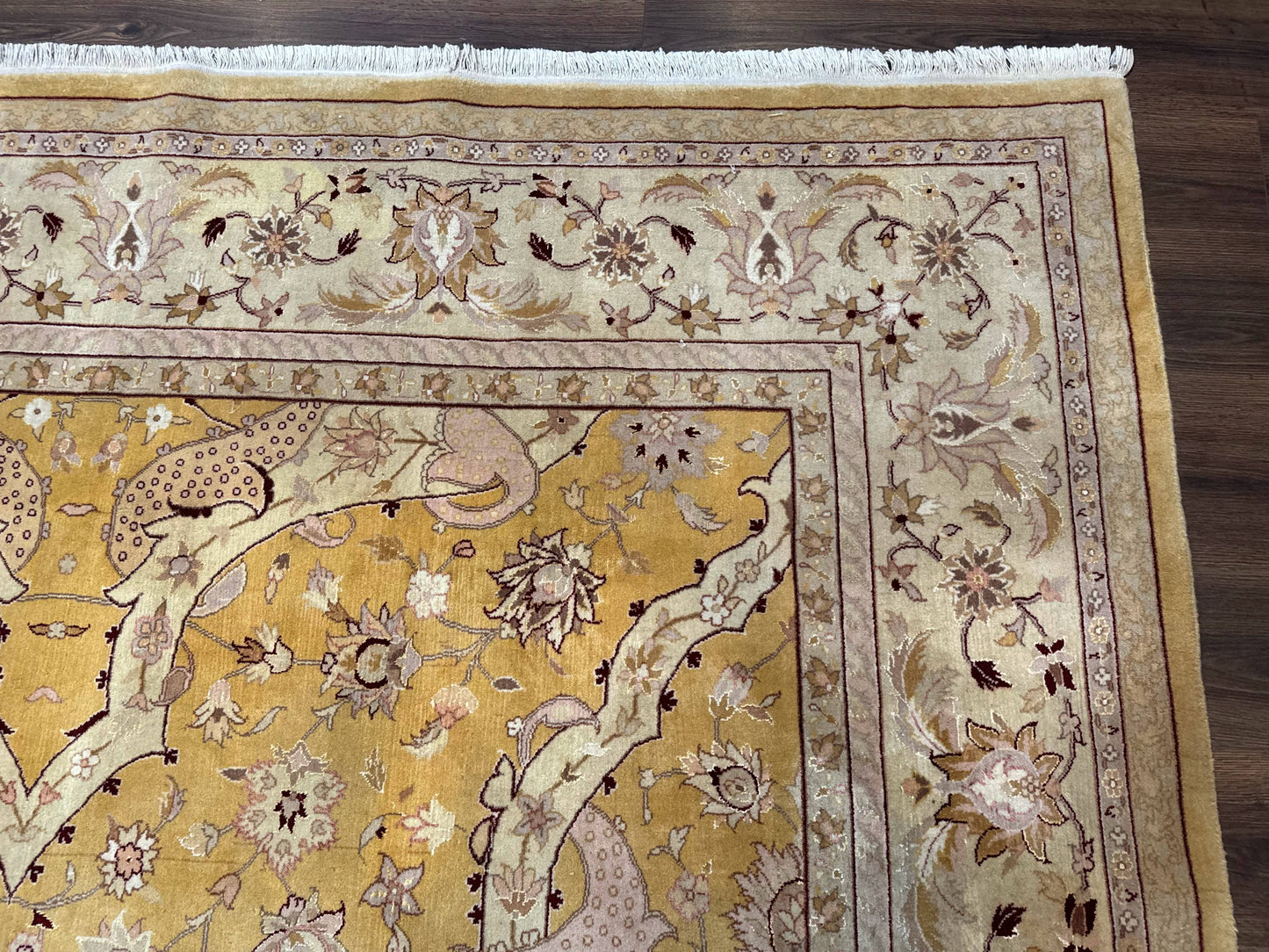 Sino Persian Rug 8x11, Wool with Silk Highlights, Unique Colors, Gold and Light Green, Fine 240 KPSI