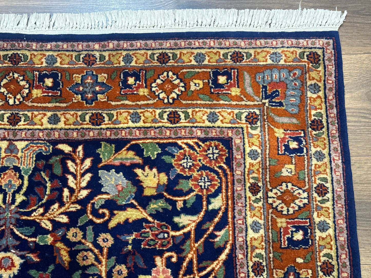 Indo Persian Sarouk Rug 4x6, Blue and Rust Red