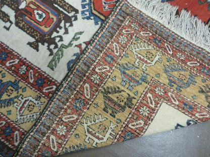 Turkish Knotted Wool Rug Vintage 7x10 Birds Animal Ivory Handmade Organic