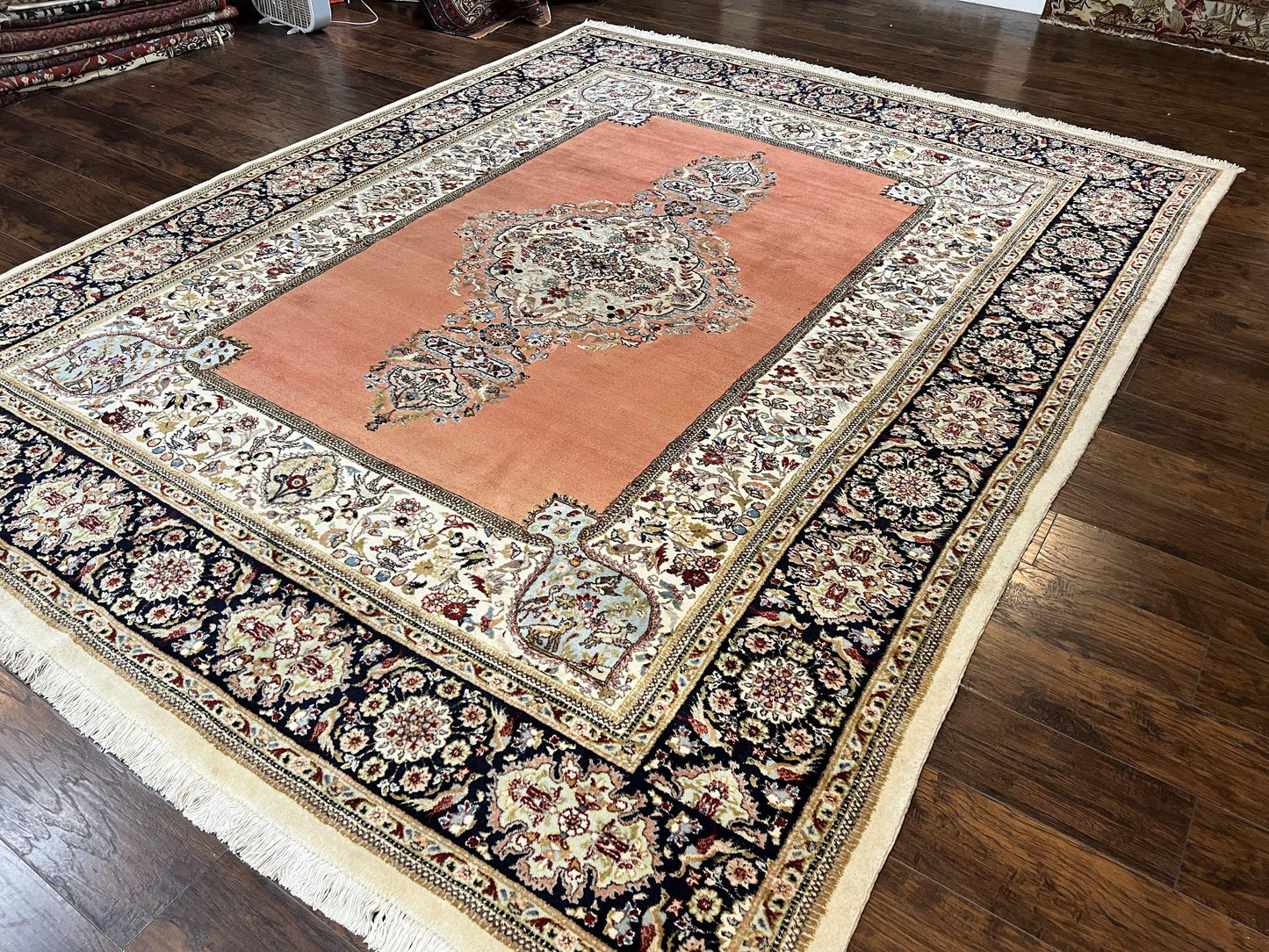 Persian Tabriz Rug 10x13, Wool Hand Knotted Vintage Carpet, Salmon Red & Ivory, Semi Open Field, Birds & Animal Motifs, Large Rug