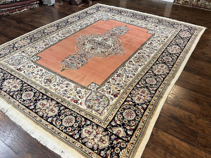 Persian Tabriz Rug 10x13, Wool Hand Knotted Vintage Carpet, Salmon Red & Ivory, Semi Open Field, Birds & Animal Motifs, Large Rug