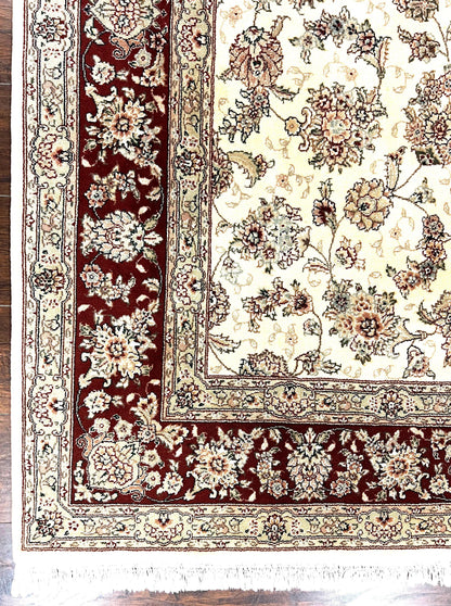 Pak Persian Rug 6x9 Wool Silk Hand Knotted Floral Allover Cream and Maroon Vintage Rug