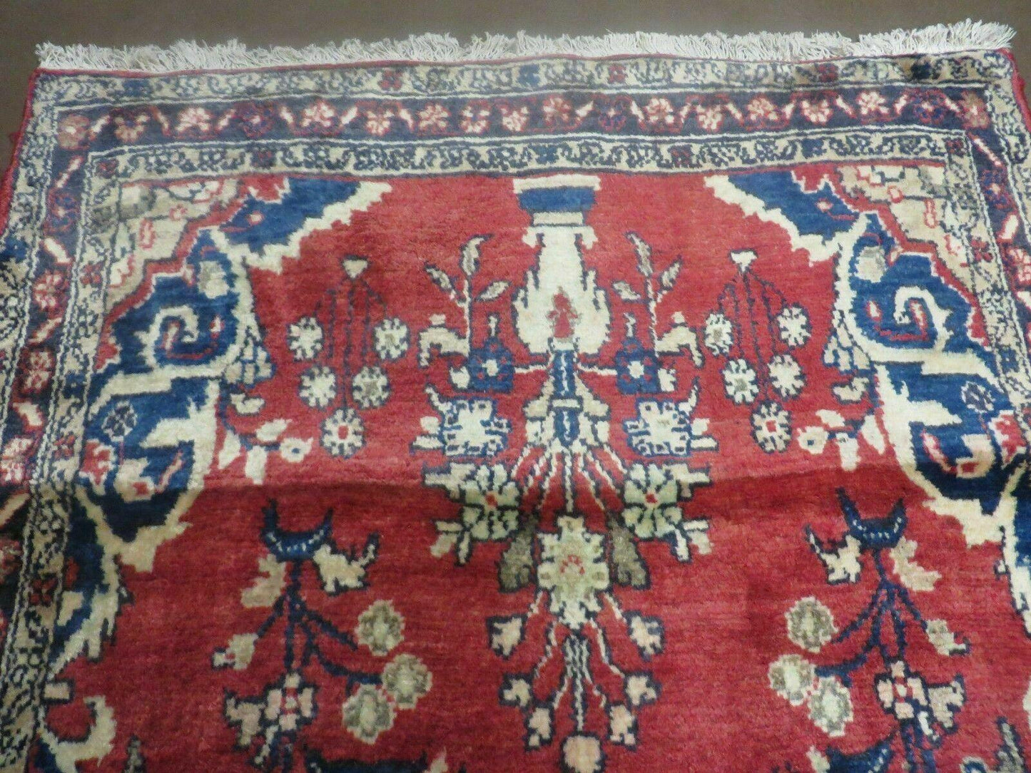 Persian Runner Rug 3 x 12, Antique Wool Oriental Runner, Floral Vases, Red & Navy Blue