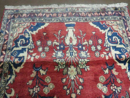Persian Runner Rug 3 x 12, Antique Wool Oriental Runner, Floral Vases, Red & Navy Blue
