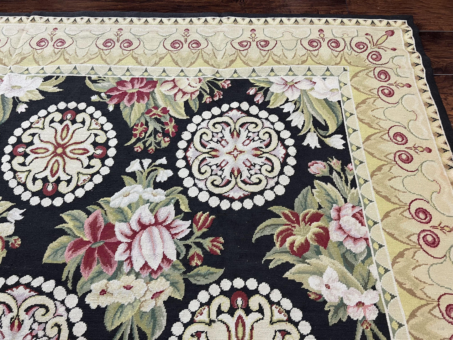 Black Wool Needlepoint Rug 9x12 Handwoven European Floral Panel Design Vintage Chinese