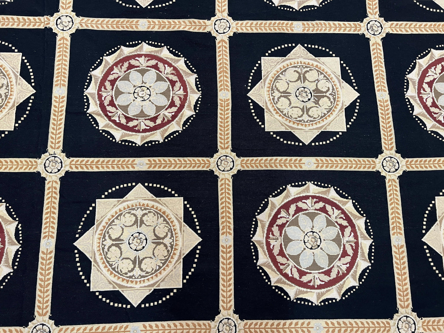 Large Needlepoint Rug 10x13, Panel Design, Black and Beige, Wool Needlepoint Carpet 10 x 13, English Garden, Handwoven Area Rug, Living Room