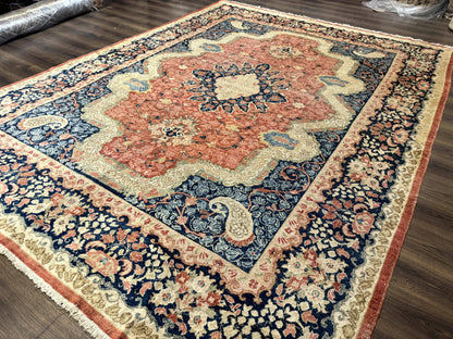 Antique Persian Sarouk Rug 9x12 With Boteh Paisley Medallion Navy Border