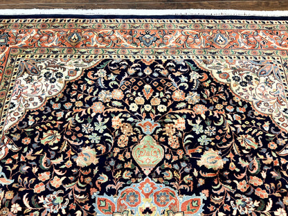 Indo Persian Rug 8x10 Handmade Wool Floral Medallion Midnight Blue Red Vintage Carpet