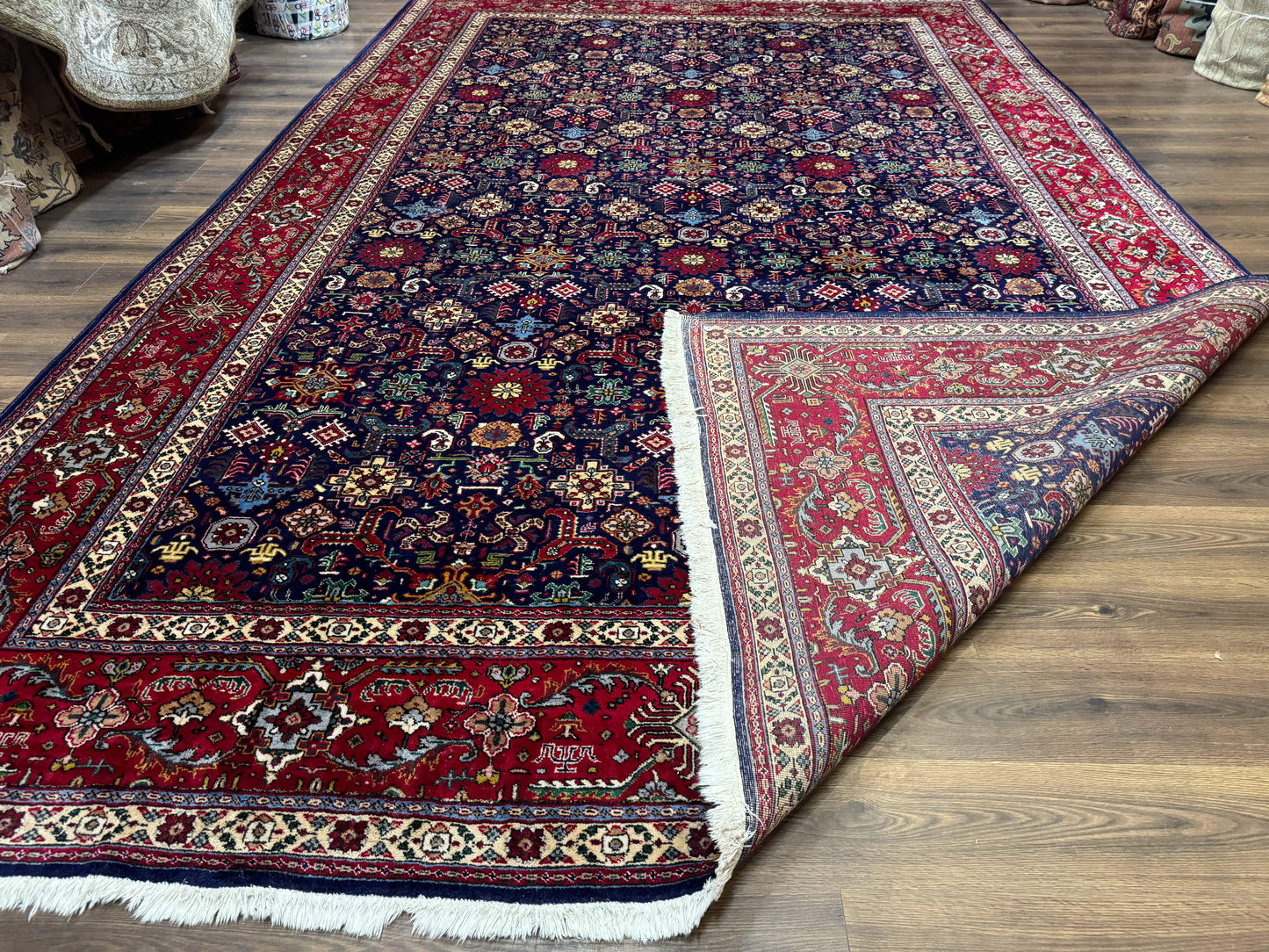 Large Persian Tabriz Rug 10x16 Navy Blue And Red Allover Pattern Hand Knotted Wool Carpet