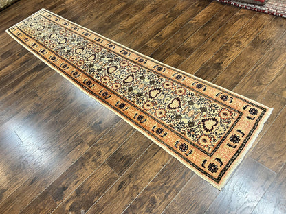 Romanian Runner Rug 2.6 x 12.9, Wool Handmade Hand Knotted Skinny Runner for Hallway, Floral Allover, Vintage Tan Runner