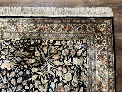 Silk Rug 4x6 Vintage Hand Knotted Tree of Life Black Cream Floral Bird Pictorial Sino Persian