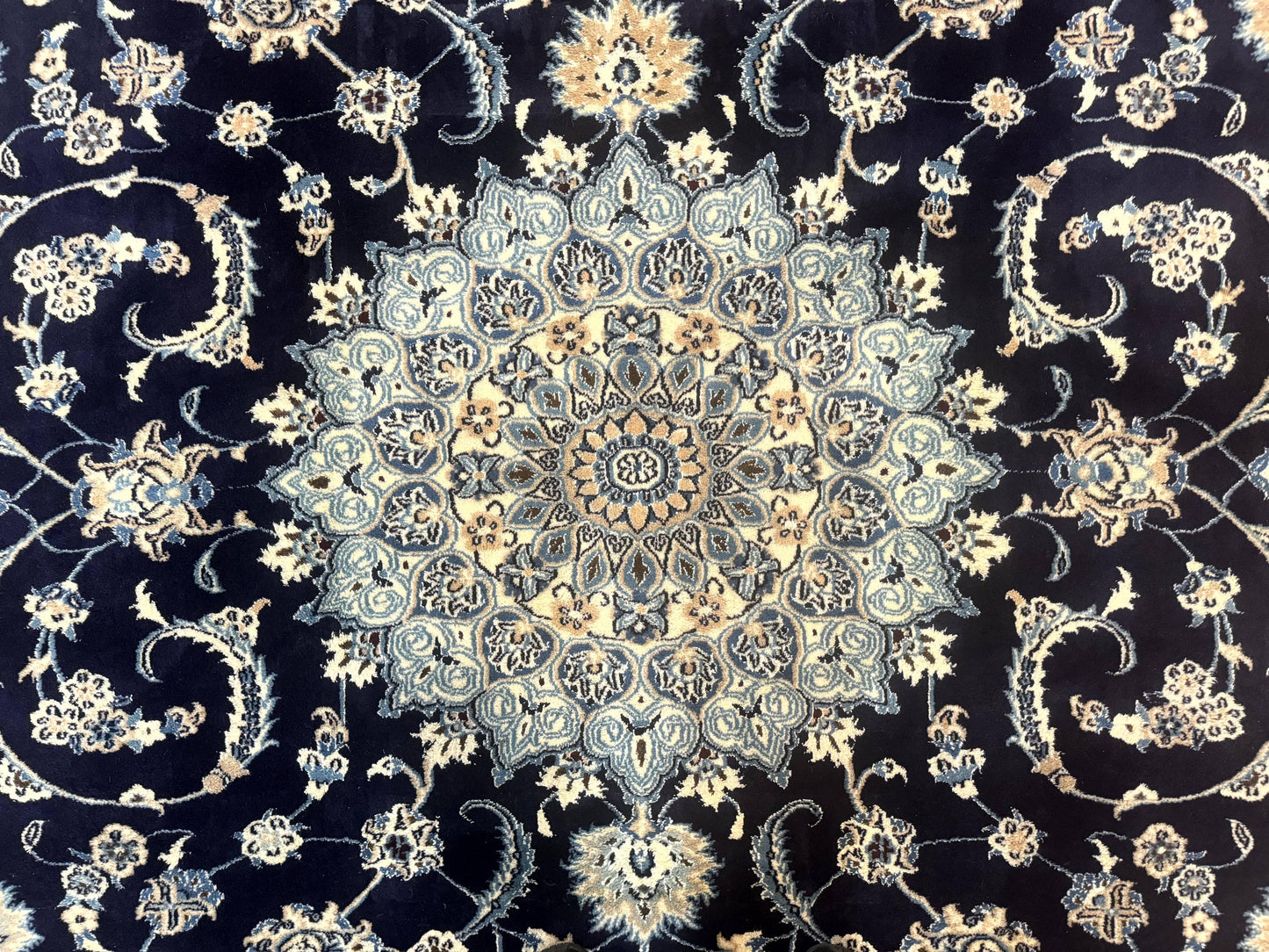 Persian Nain Rug 8x11, Navy Blue and Ivory, Handmade Wool Vintage Carpet, Floral Medallion