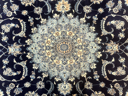 Persian Nain Rug 8x11, Navy Blue and Ivory, Handmade Wool Vintage Carpet, Floral Medallion