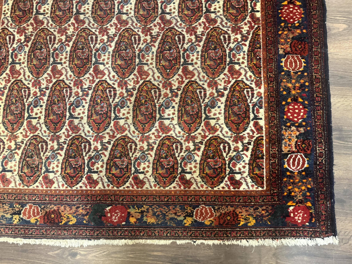 Senneh Rug Antique Persian Kurdish Hand Knotted 4.6 By 6.5 Repeated Paisley Boteh Design