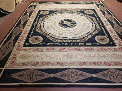 Wool Needlepoint Rug 8x10 Hand Knotted Flat Weave Black Harp Flowers