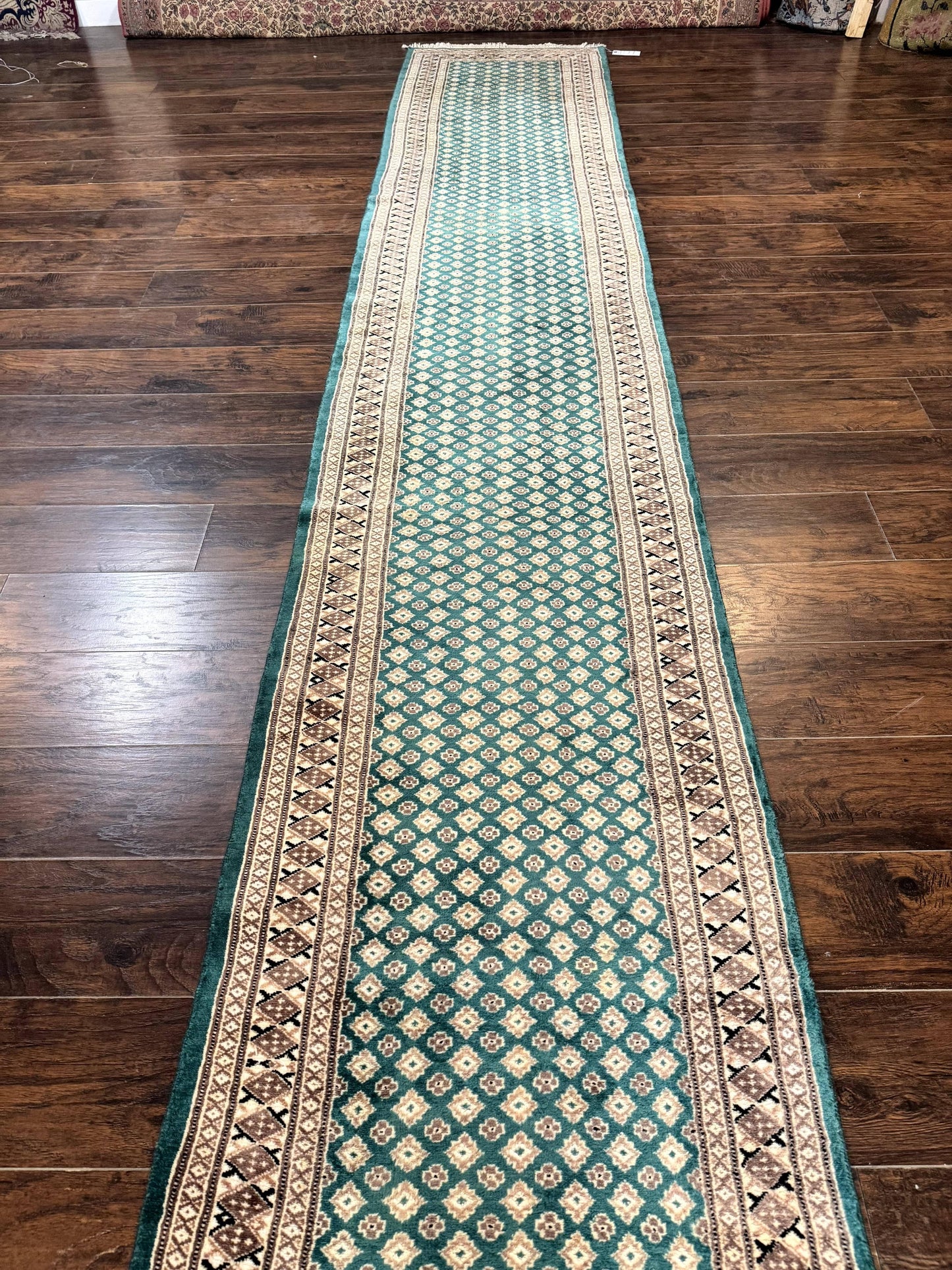 Long Pakistani Runner Rug 2.8 x 20, Hand Knotted Vintage Wool Hallway Rug, Turkoman Rug, Teal and Tan, Handmade Vintage Wool Runner