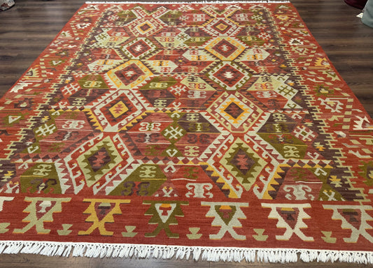 Turkish Kilim Rug 8x10 Geometric Design Handwoven Wool Carpet