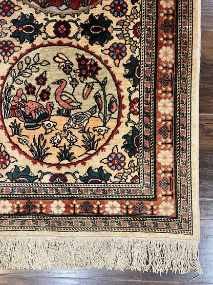 Silk Turkish Rug 2x4, Fine Handmade Oriental Rug, Animal Pictorial Birds Silk Pile on Silk Foundation Vintage Hand Knotted Hereke Carpet