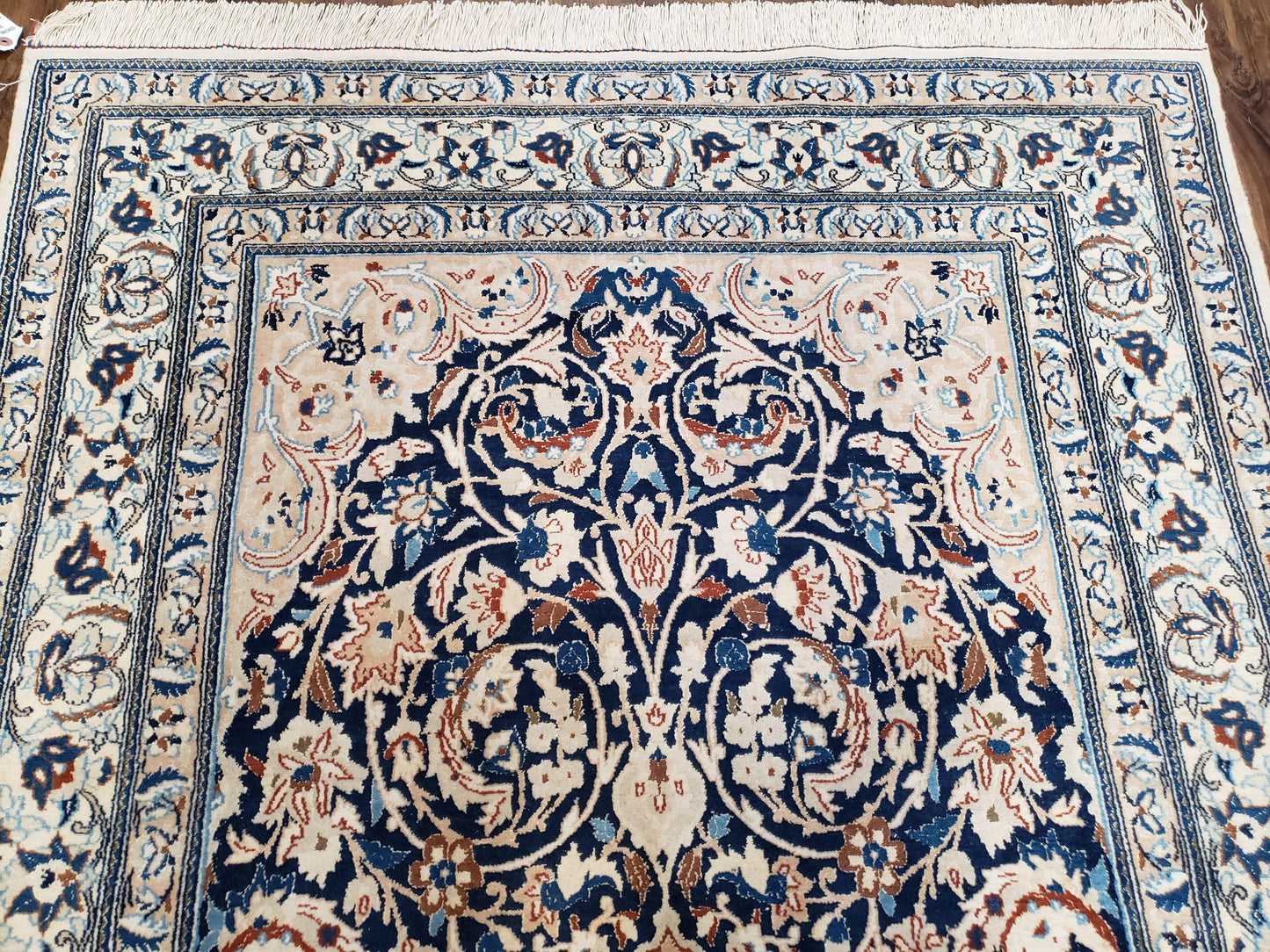 Semi Antique Persian Nain Rug Hand Knotted With Wool Silk Accents Ivory And Blue