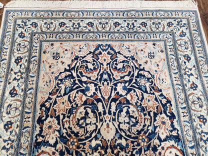 Semi Antique Persian Nain Rug Hand Knotted With Wool Silk Accents Ivory And Blue