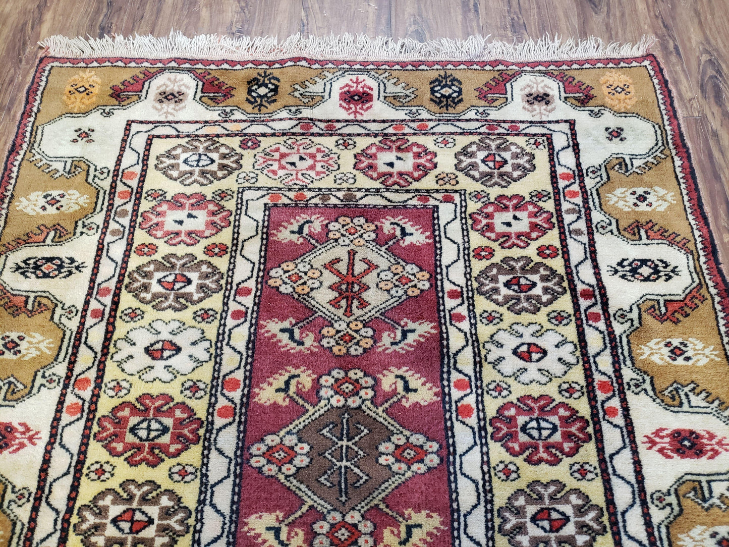 Turkish Caucasian Rug 4x7 Hand Knotted Wool Vintage Area Rug Cream Burnt Orange Carmine Red