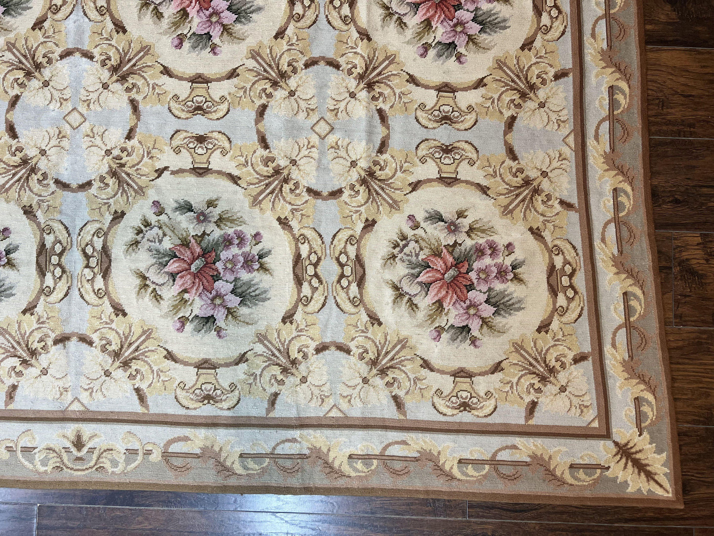 Needlepoint Wool Rug 8x11 Vintage Sky Blue Handmade Carpet