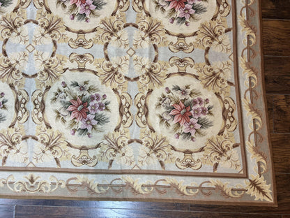 Needlepoint Wool Rug 8x11 Vintage Sky Blue Handmade Carpet