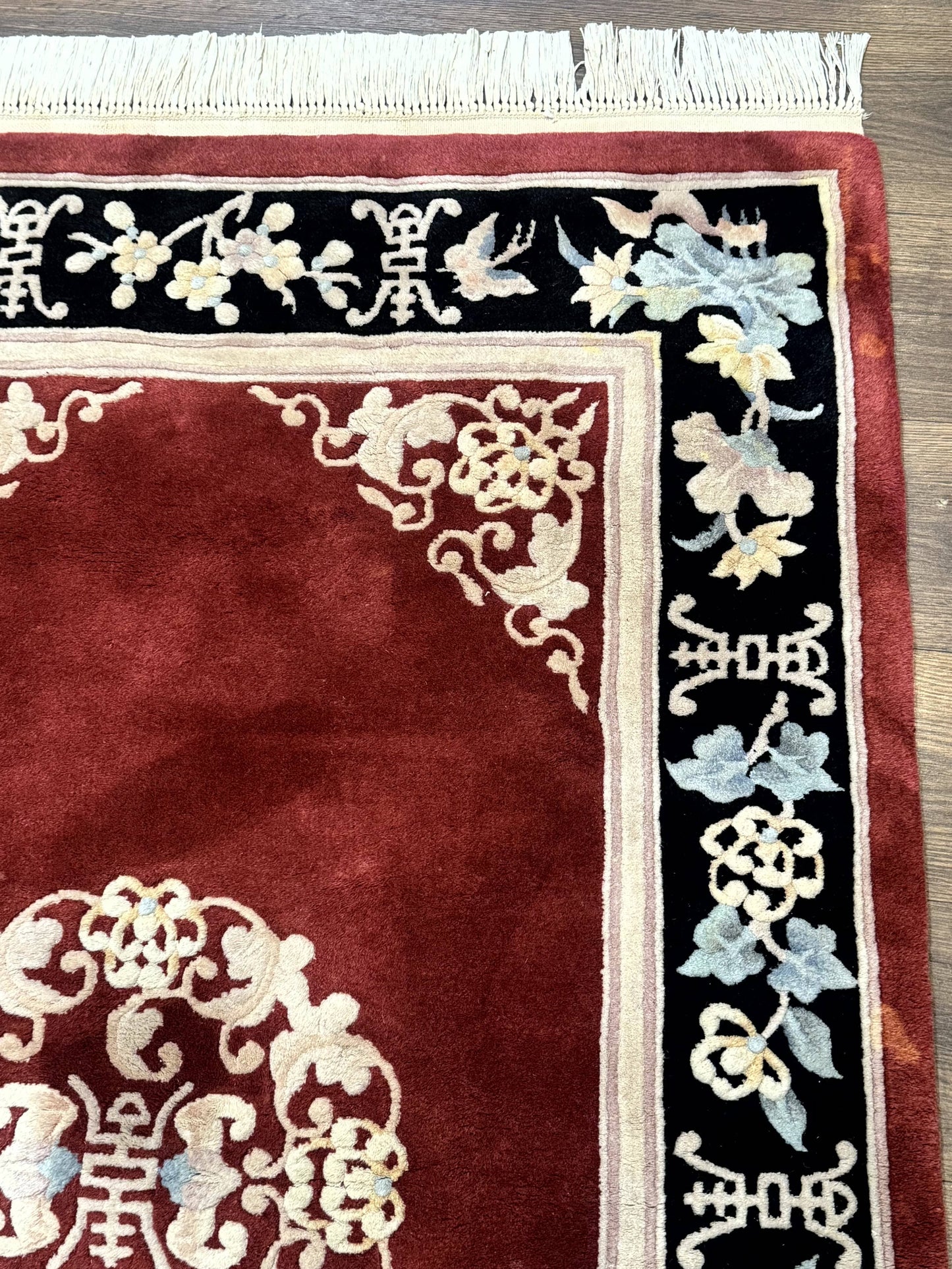 Chinese Wool Rug Handmade 4x6 Dark Red 90 Line Carving Hand Knotted